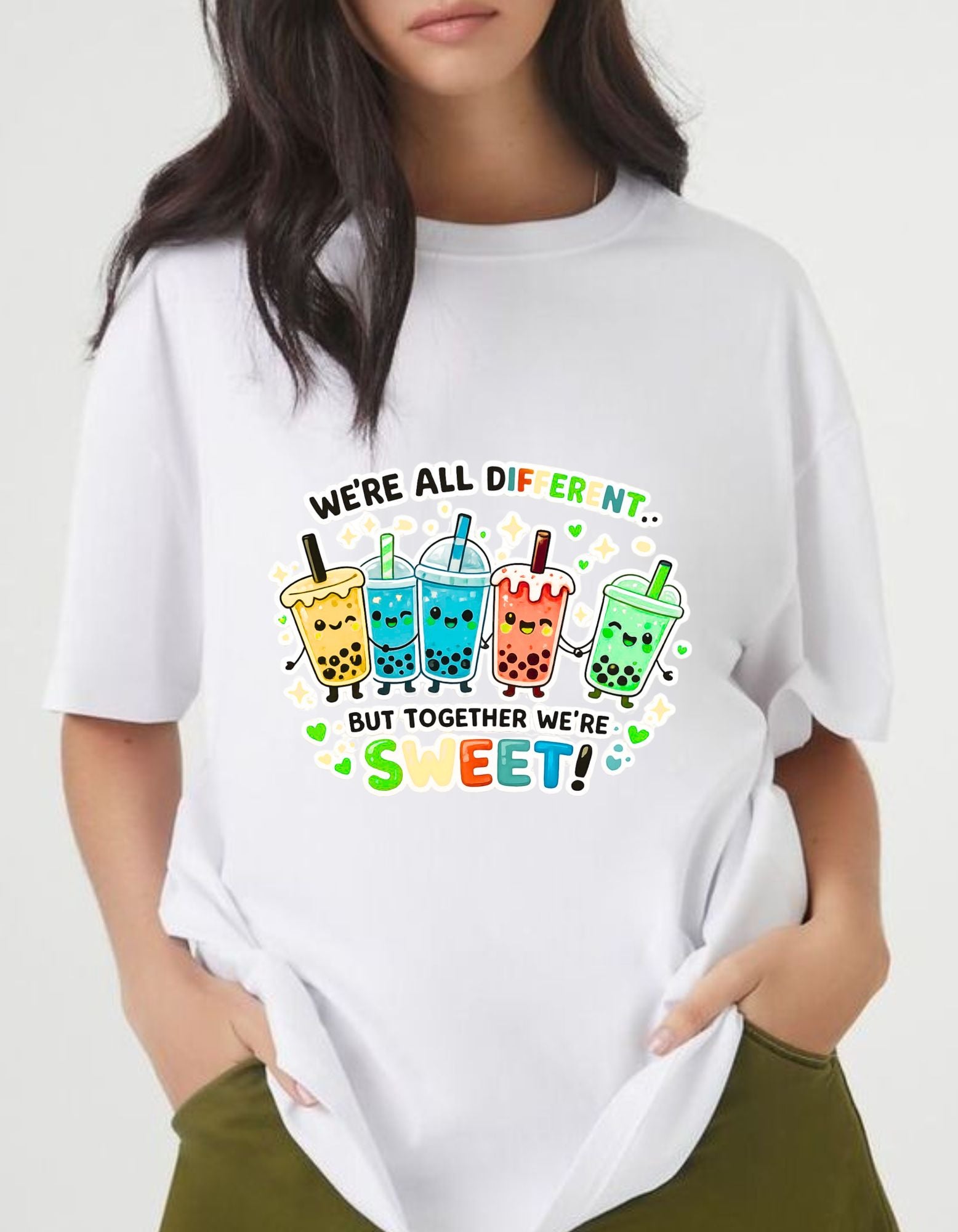 Cute Bubble Tea T‑Shirt — "We're All Different... But Together We're Sweet!"